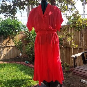 Vintage Ambria Apple Red 100% Silk Short Sleeve Shirt Midi Dress Size 14